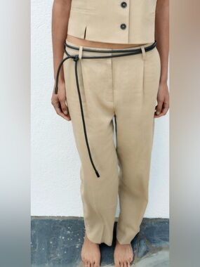 ZARA Straight Leg Linen Blend Taupe Brown Pants Medium